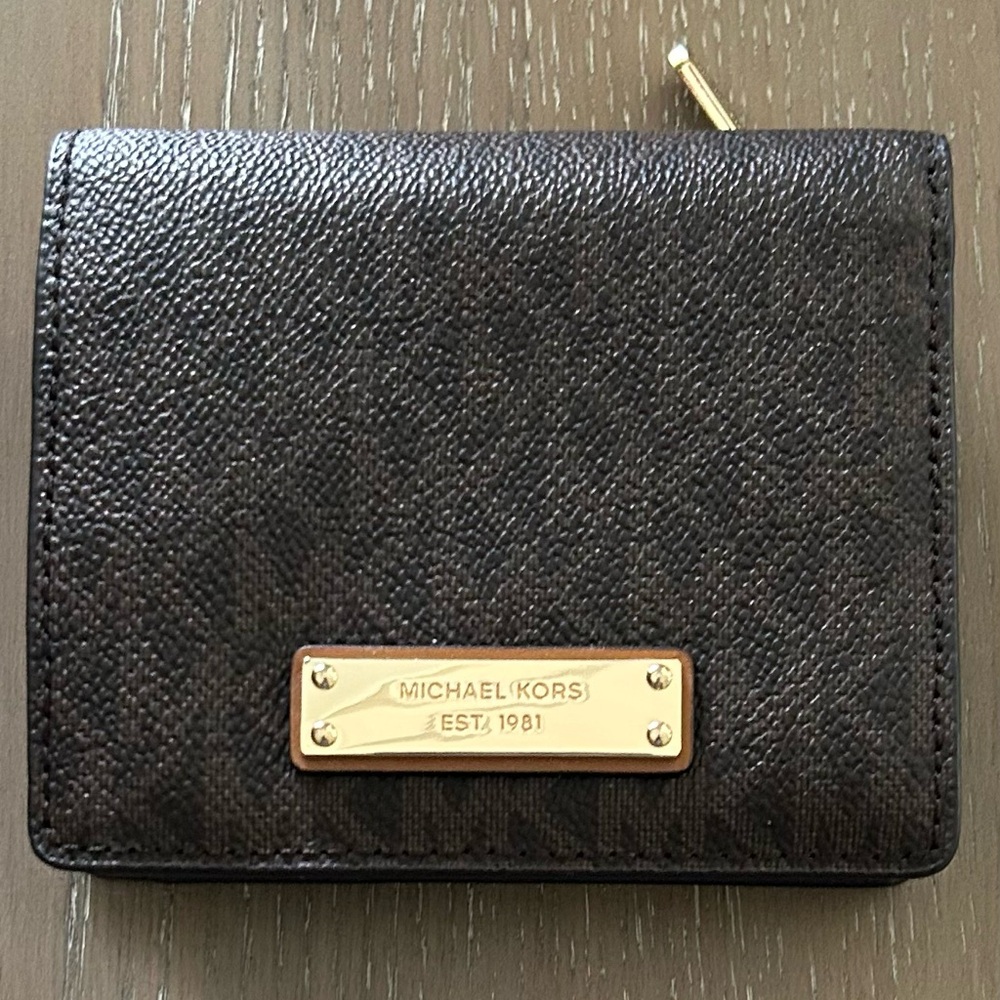 Michael Kors Signature Dark Brown Wallet with Gold Plate